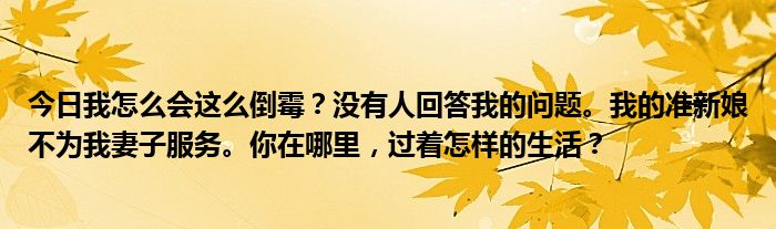 今日我怎么会这么倒霉？没有人回答我的问题。我的准新娘不为我妻子服务。你在哪里，过着怎样的生活？