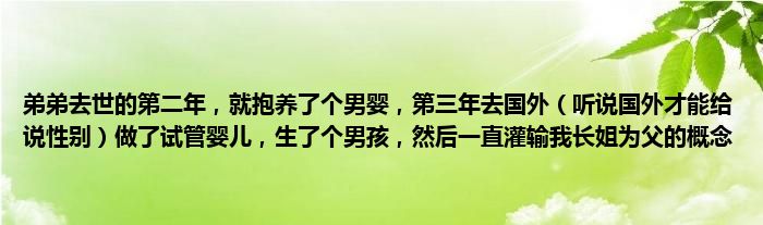 弟弟去世的第二年，就抱养了个男婴，第三年去国外（听说国外才能给说性别）做了试管婴儿，生了个男孩，然后一直灌输我长姐为父的概念