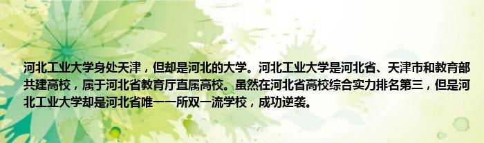 河北工业大学身处天津，但却是河北的大学。河北工业大学是河北省、天津市和教育部共建高校，属于河北省教育厅直属高校。虽然在河北省高校综合实力排名第三，但是河北工业大学却是河北省唯一一所双一流学校，成功逆袭。