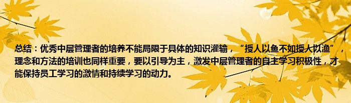 总结：优秀中层管理者的培养不能局限于具体的知识灌输，“授人以鱼不如授人以渔”，理念和方法的培训也同样重要，要以引导为主，激发中层管理者的自主学习积极性，才能保持员工学习的激情和持续学习的动力。