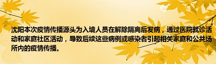 沈阳本次疫情传播源头为入境人员在解除隔离后发病，通过医院就诊活动和家庭社区活动，导致后续这些病例或感染者引起相关家庭和公共场所内的疫情传播。