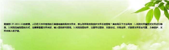 谢原野171283122的邀请。人们在工作中常用的工具是电脑和有效文件夹，那么怎样有效地保护文件不泄密呢？具体有以下方法有效：1.利用文件属性对文件进行隐身。2.利用压缩加密的方式，当需要查看文件夹时，输入密码即可使用。3.利用加密软件，注意牢记密码，不能忘记。只有这样，才能使文件安全可靠，上锁保护，文件夹锁入柜子里。